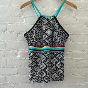 Title Nine High Neck Swimsuit Sporty Swim Top Tankini Size M Colorful Print